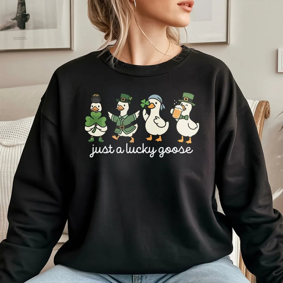Lucky Goose Sweatshirt | St Patricks Day Cute Leprechaun Design | Premium Cotton Blend | Funny Irish Gift for Men and Women
