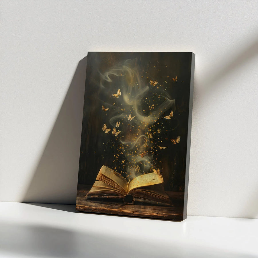 Magical Book Canvas Print | Enchanted Butterflies and Golden Dust Art | Premium Gallery Wrap Decor | Fantasy Gift for Book Lovers
