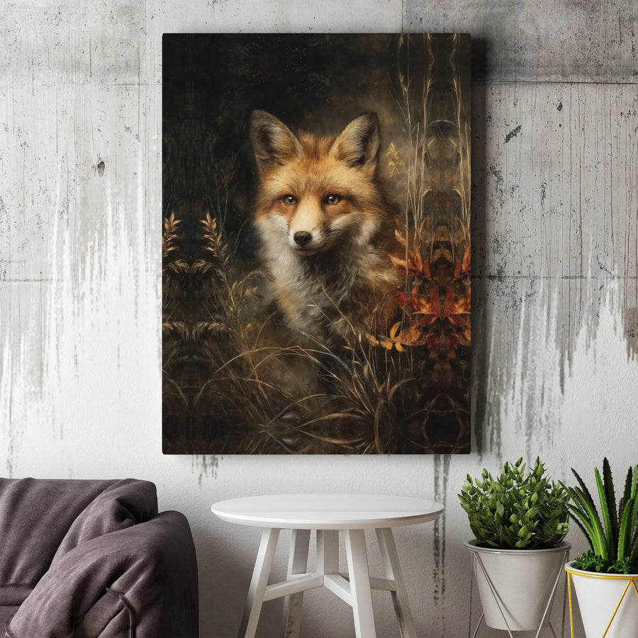 Vintage Fox Painting Canvas Wall Art | Moody Woodland Animal Portrait | Premium Gallery Wrapped Canvas | Rustic Cabin Decor Gift