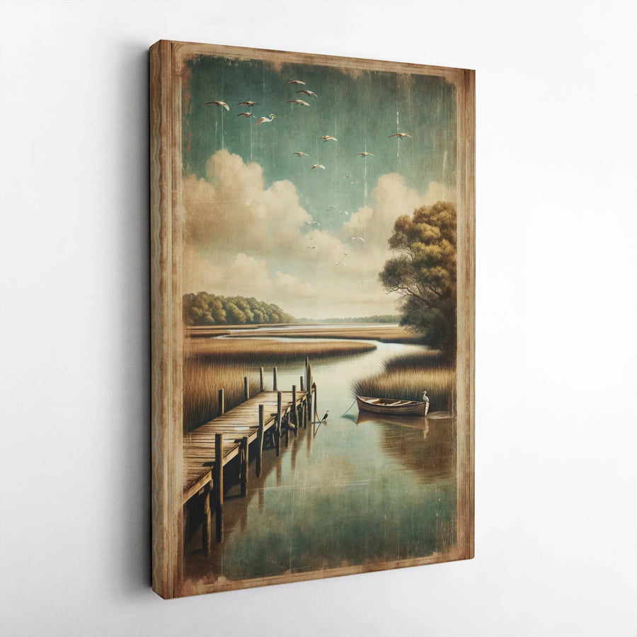 Coastal Marsh Canvas Wall Art | Vintage Lowcountry Pier And Boat Scene | 1.25-Inch Premium Gallery Wrap | Serene Nature Decor For Home Or Office