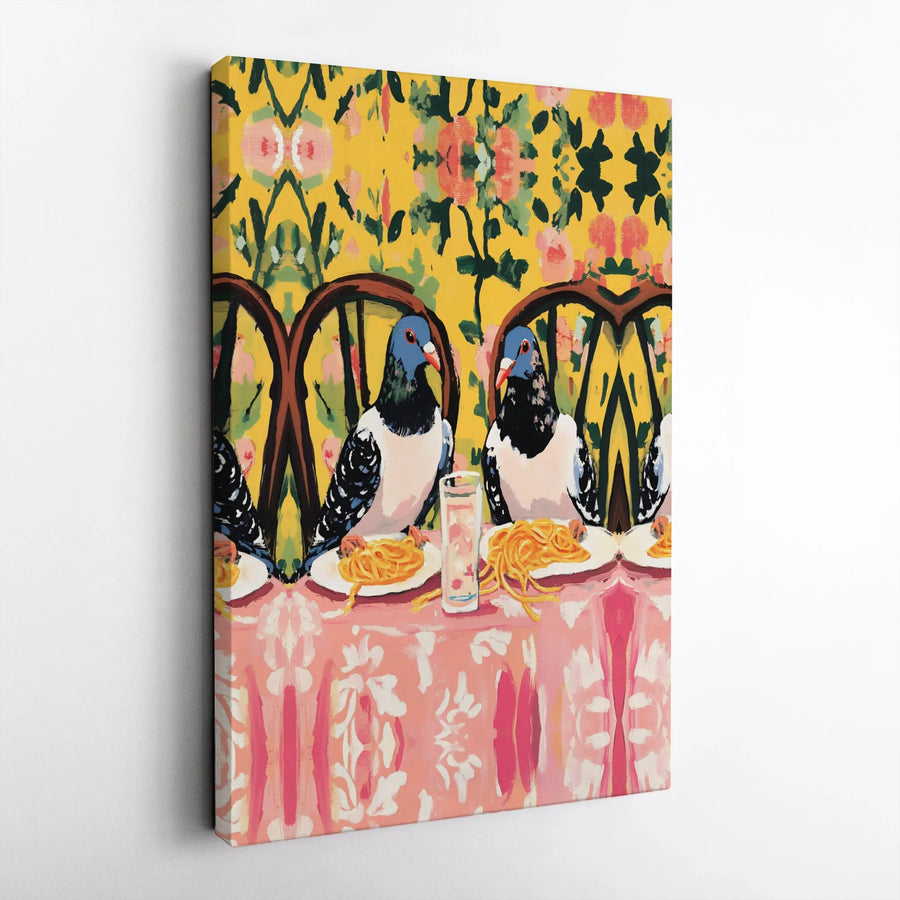 Pigeon Eating Spaghetti Canvas Art | Whimsical Bird Dinner Scene | Premium Gallery Wrap Print | Fun Kitchen & Dining Room Wall Decor