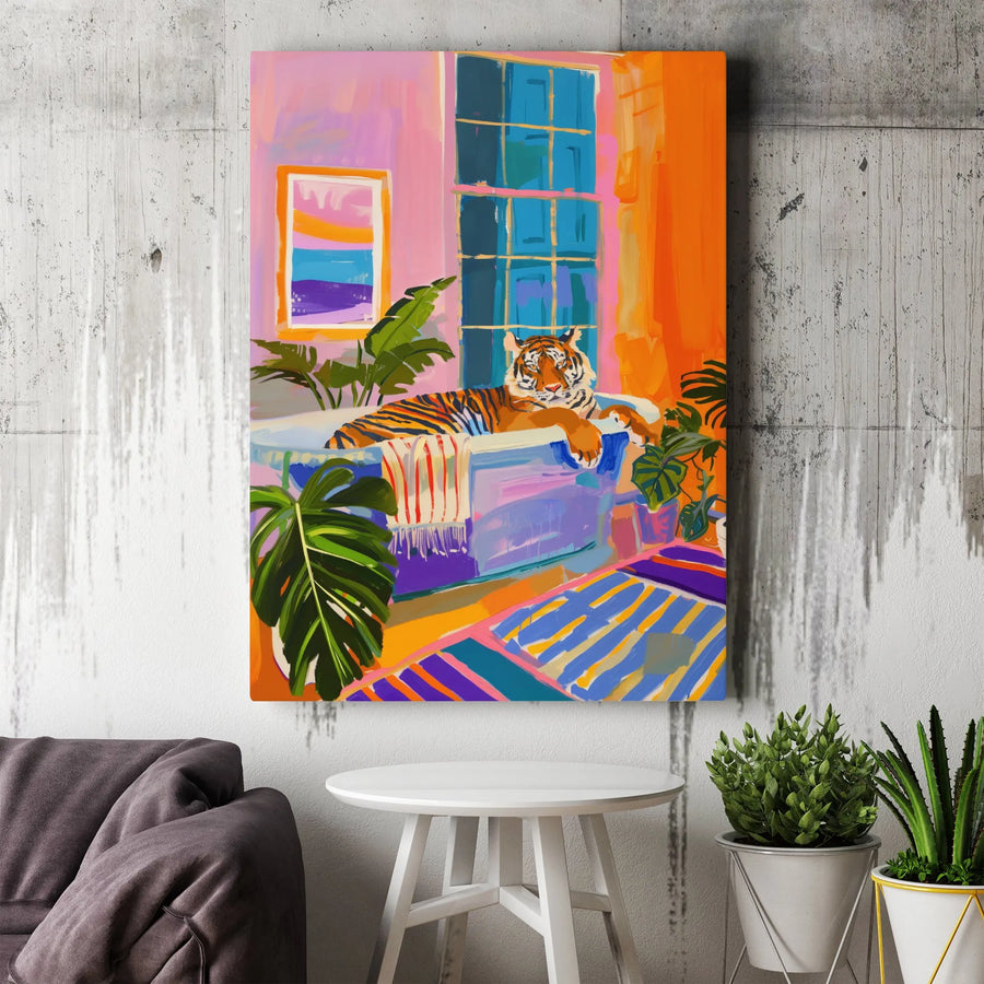Tiger in Bathtub Canvas Wall Art | Colorful Tropical Jungle Decor | Premium 1.25-Inch Gallery Wrap | Whimsical Animal Home Decor Gift