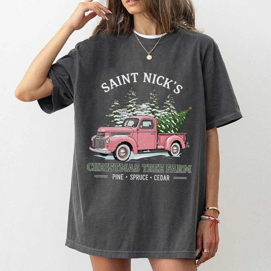 Saint Nick's Christmas Tree Farm T-Shirt | Pink Vintage Truck Graphic | 100% Cotton Premium Tee | Holiday Gift for Women and Men