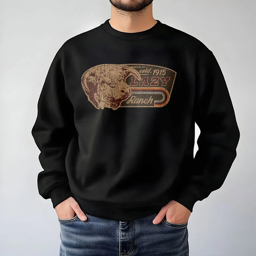 Lazy Ranch Sweatshirt | Vintage Western Bull Graphic | Premium Cotton Blend Crewneck | Retro Cowboy Country Gift For Him