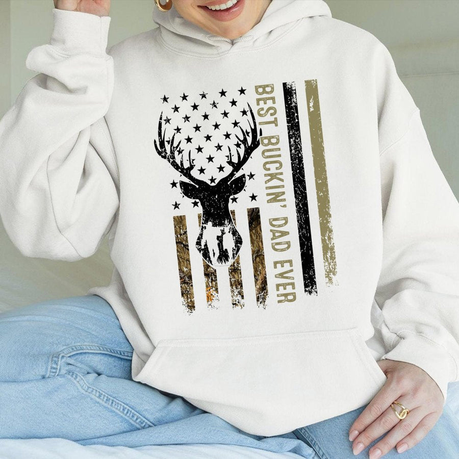 Best Buckin Dad Ever Hoodie | Camo Deer American Flag Graphic | Premium Cotton Blend | Funny Hunter Father's Day 2026 Gift