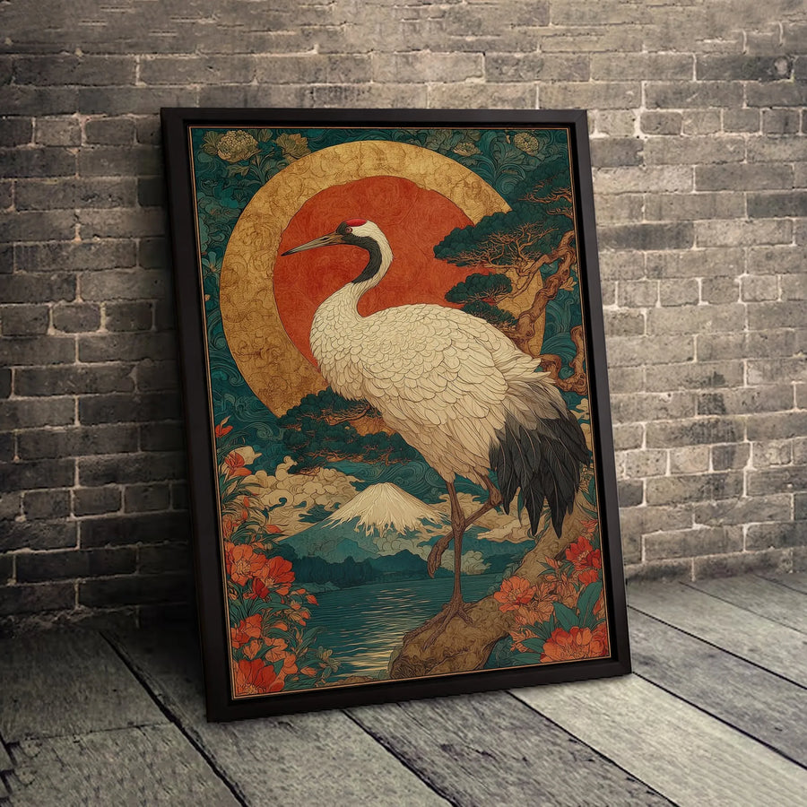 Japanese Red Crowned Crane Canvas Wall Art | Mount Fuji Sun Landscape Print | Premium Gallery-Wrapped Decor | Elegant Zen Home Office Gift