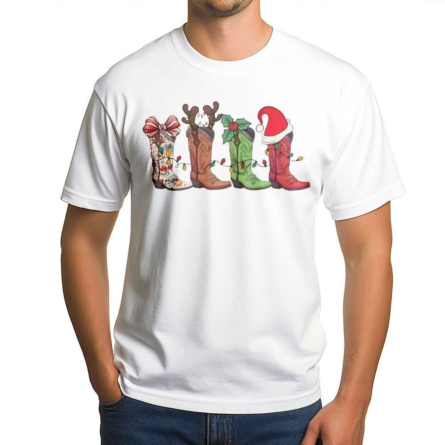Western Cowboy Boot Christmas T-Shirt | Festive Cowgirl Holiday Graphic | 100% Cotton Premium Tee | Unique Country Christmas Gift for Women