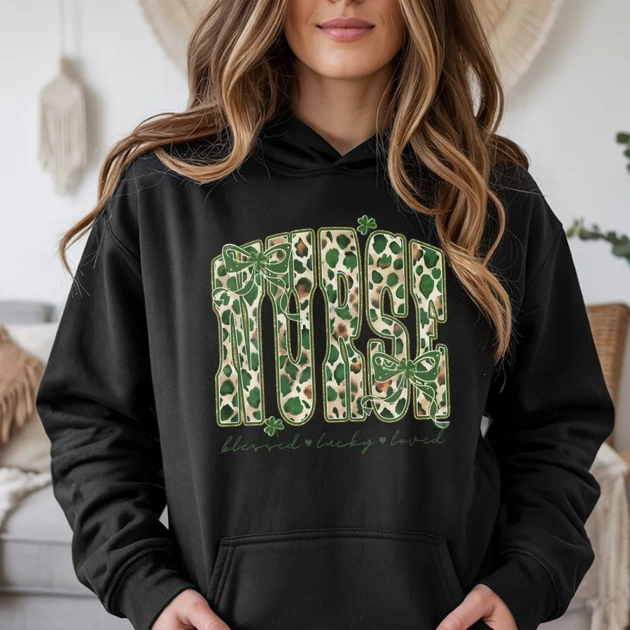 Nurse St Patricks Day Hoodie | Green Leopard Print Bow Graphic | Soft Premium Cotton Blend | Gift For Nursing Student Or RN