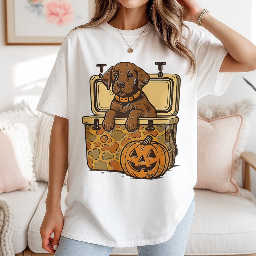 Chocolate Labrador Halloween T-Shirt | Camo Cooler Puppy Graphic | Premium 100% Cotton | Fall Hunting Dog Lover Gift