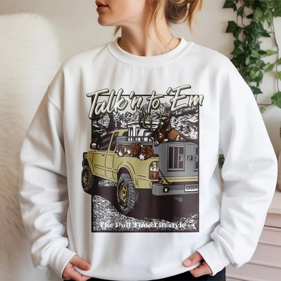 Talkin To Em Deer Hunting Sweatshirt | Hound Dog Truck Graphic | Premium Cotton Blend | Gift For Hunter Outdoorsman