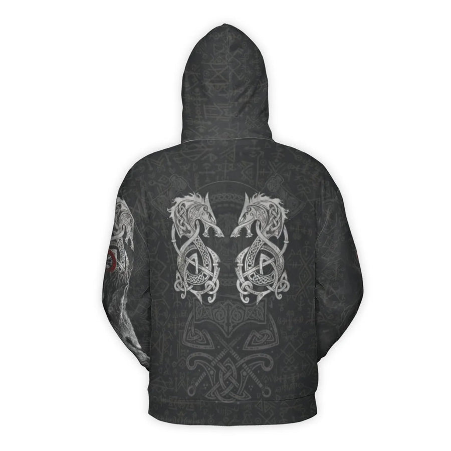 Viking Norse Mythology Hoodie | Fenrir Wolf & Valknut Runes Print | Soft Polyester Brushed Fleece | Unisex Nordic Gift for Him & Her