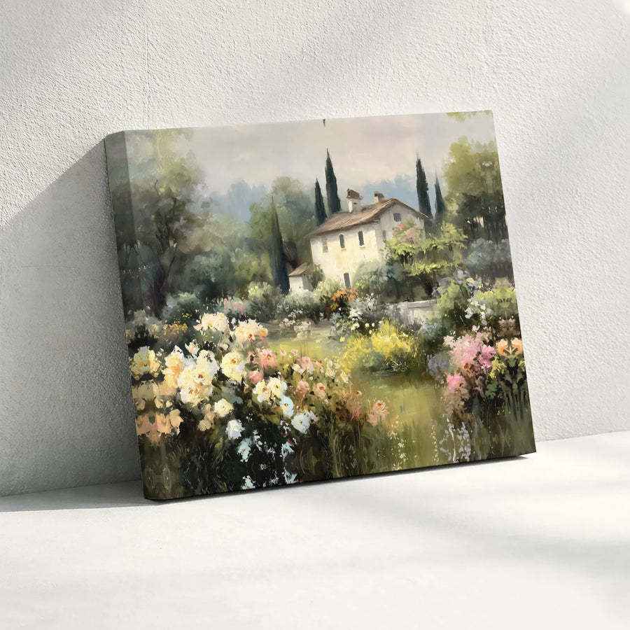 Tuscan Garden Villa Canvas Print | Impressionist Floral Landscape Art | Premium Gallery Wrapped Canvas | French Country Home Decor Gift