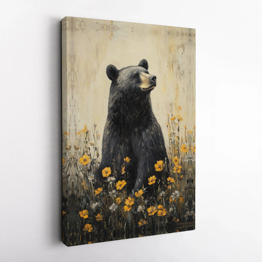 Black Bear Wall Art | Vertical Canvas Print In Wildflower Field | Premium Gallery Wrap Decor | Wildlife Nature Lover Gift
