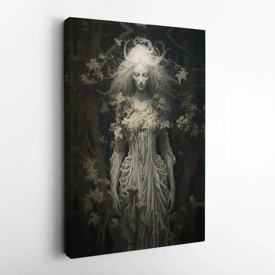 Gothic Forest Spirit Canvas Wall Art | Ethereal White Haired Woman Portrait | Premium Fade-Resistant Gallery Wrap | Dark Fantasy Home Decor Gift