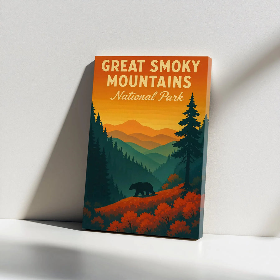 Great Smoky Mountains National Park Canvas | Vintage Bear Art Print | Gallery Wrap Wall Decor | Nature Lover Gift for Office and Home