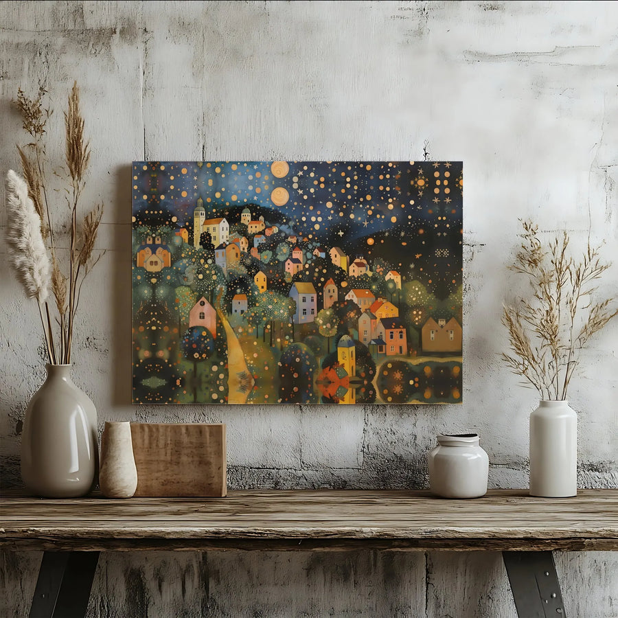 Starry Night Village Canvas Print | Whimsical Folk Art Landscape Wall Decor | Gallery Wrapped Premium Canvas | Enchanting Home & Office Gift