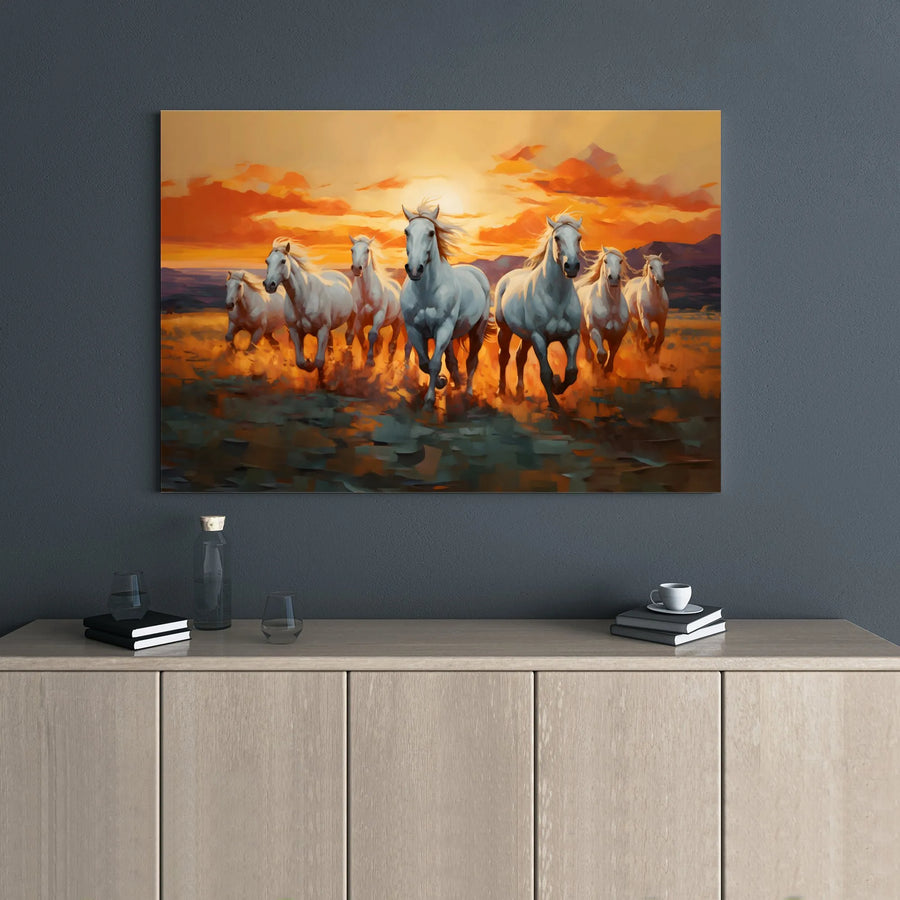 Seven White Horses Running Canvas Wall Art | Golden Sunset Landscape Painting | Premium Gallery Wrap | Western Home Decor Gift
