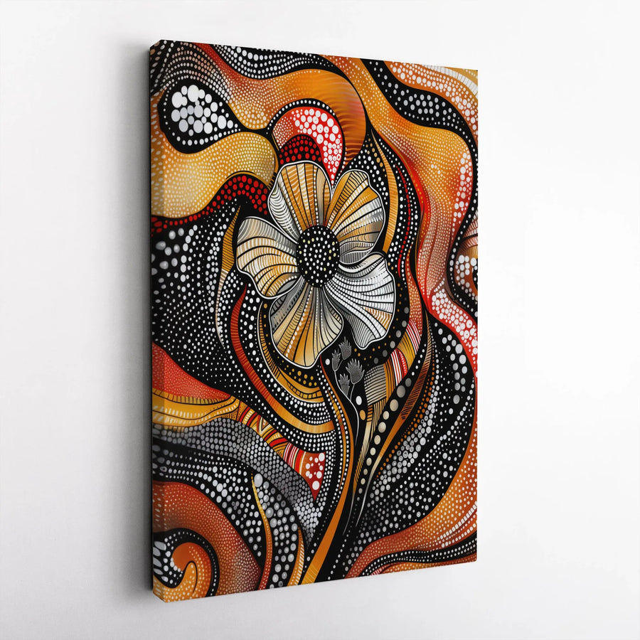 Abstract Floral Canvas Wall Art | Aboriginal Inspired Dot Art Flower | Premium Gallery Wrapped Canvas | Modern Living Room & Office Decor Gift