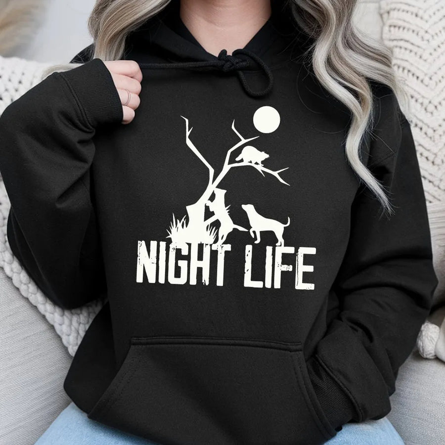 Coon Hunting Hoodie | Night Life Raccoon Dog Graphic | Premium Cotton Blend | Gift for Outdoor Hunter and Wildlife Enthusiast