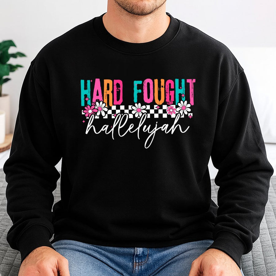 Hard Fought Hallelujah Sweatshirt | Retro Daisy Checkerboard Christian Apparel | Premium Cotton Blend Crewneck | Religious Gift For Women