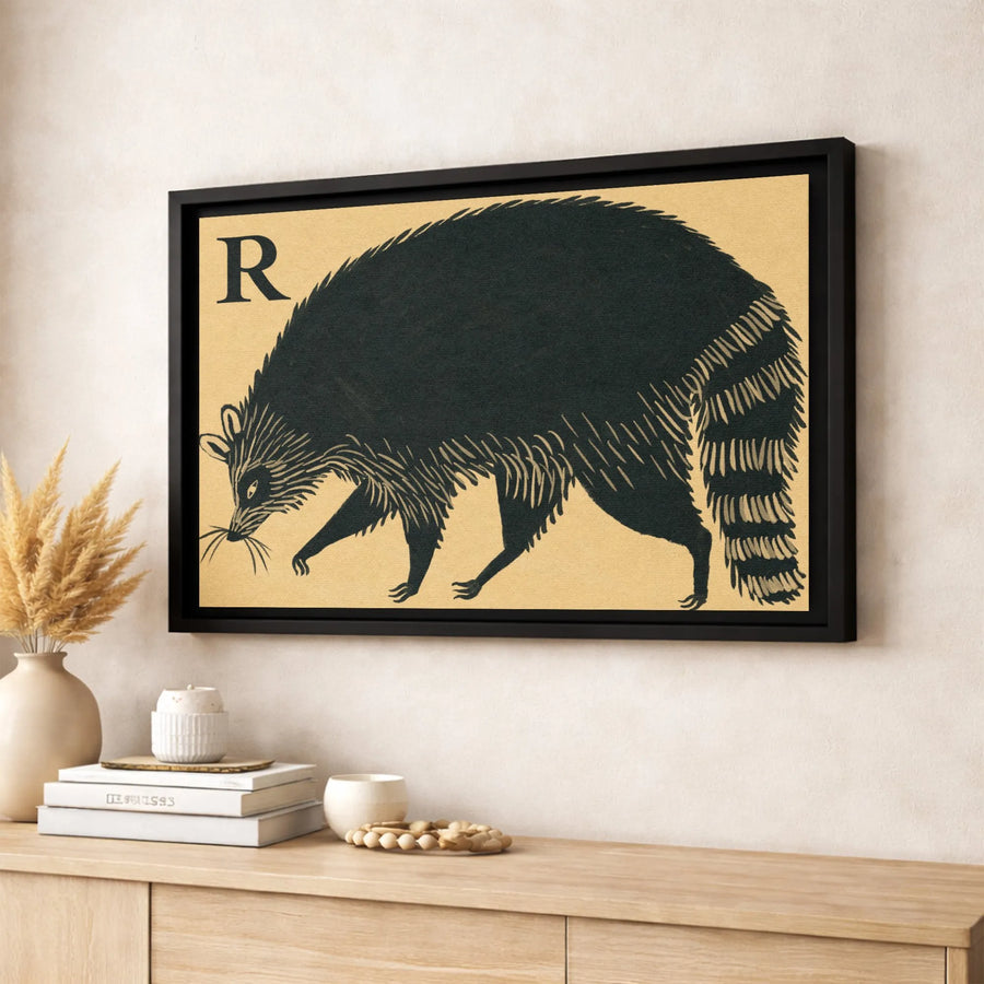 Raccoon Wall Art Canvas | Linocut Style Animal Alphabet Print | Premium 1.25" Gallery Wrap | Nursery Decor & Unique Animal Lover Gift