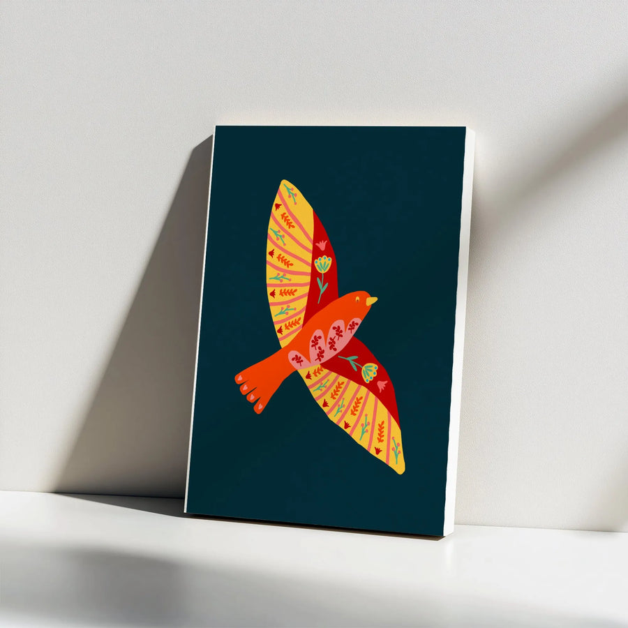 Folk Art Bird Canvas Print | Colorful Scandinavian Flying Songbird Illustration | Premium 1.25" Thick Gallery Wrap | Modern Boho Wall Decor Gift for Bird Lover