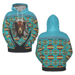 Native American Bear Hoodie | Turquoise Tribal Aztec Print | Soft Brushed Fleece 3D Pullover | Unisex Gift for Wildlife Lovers
