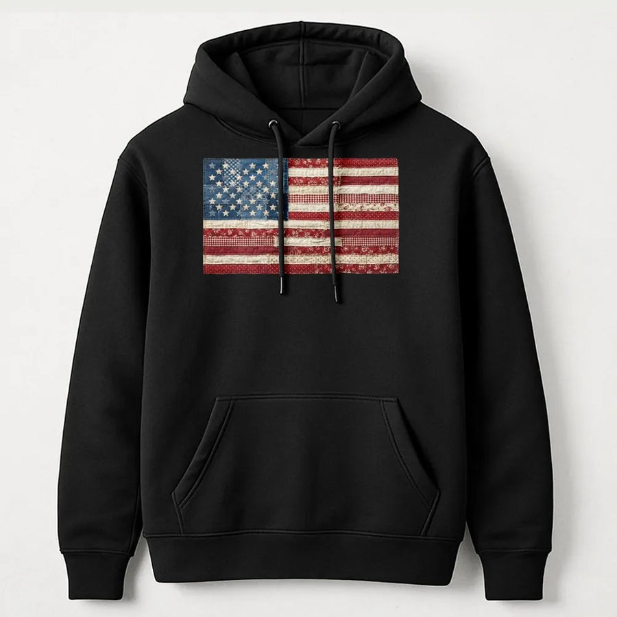 American Flag Hoodie | Vintage Patchwork Quilt Graphic Sweatshirt | Soft Cotton Blend | Patriotic 4th of July Gift