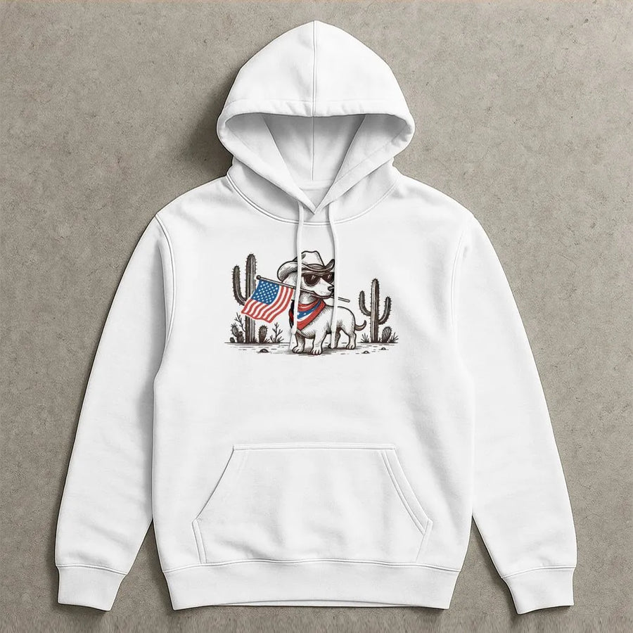 Patriotic Cowboy Dachshund Hoodie | Funny USA Flag Wiener Dog Graphic | Soft Cotton Unisex Tee | Gift for Dog Lovers on July 4th