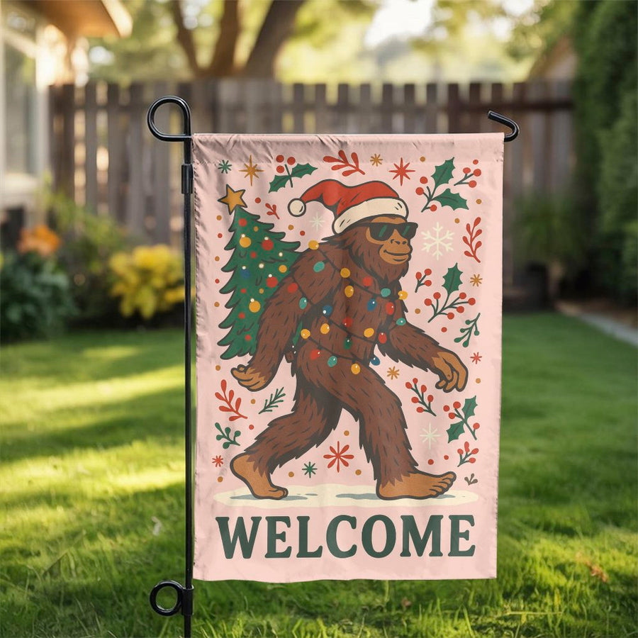 Bigfoot Christmas Garden Flag | Funny Santa Sasquatch Welcome Sign | Premium Weather-Resistant Polyester | Holiday Outdoor Yard Decor Gift