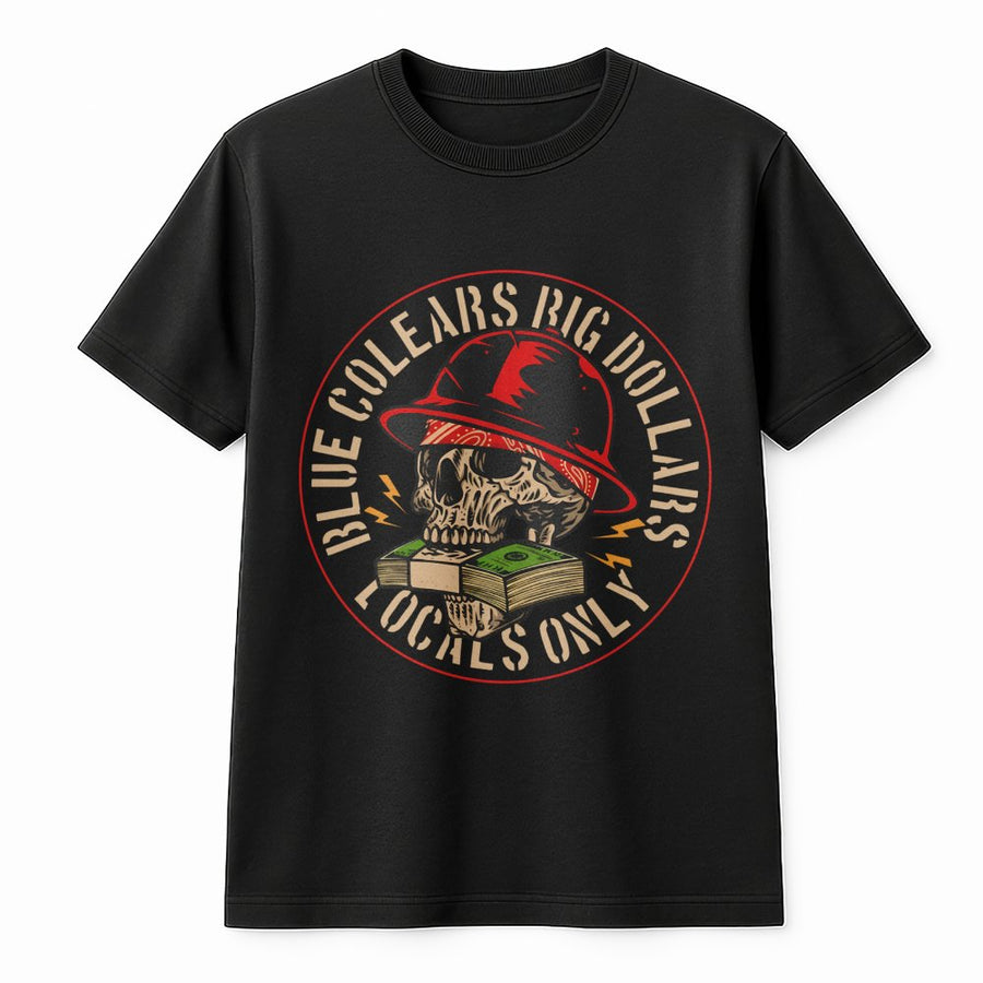 Blue Collar T-Shirt | Skull in Hard Hat Holding Cash Design | 100% Cotton Premium Graphic Tee | Gift for Construction Workers & Hustlers