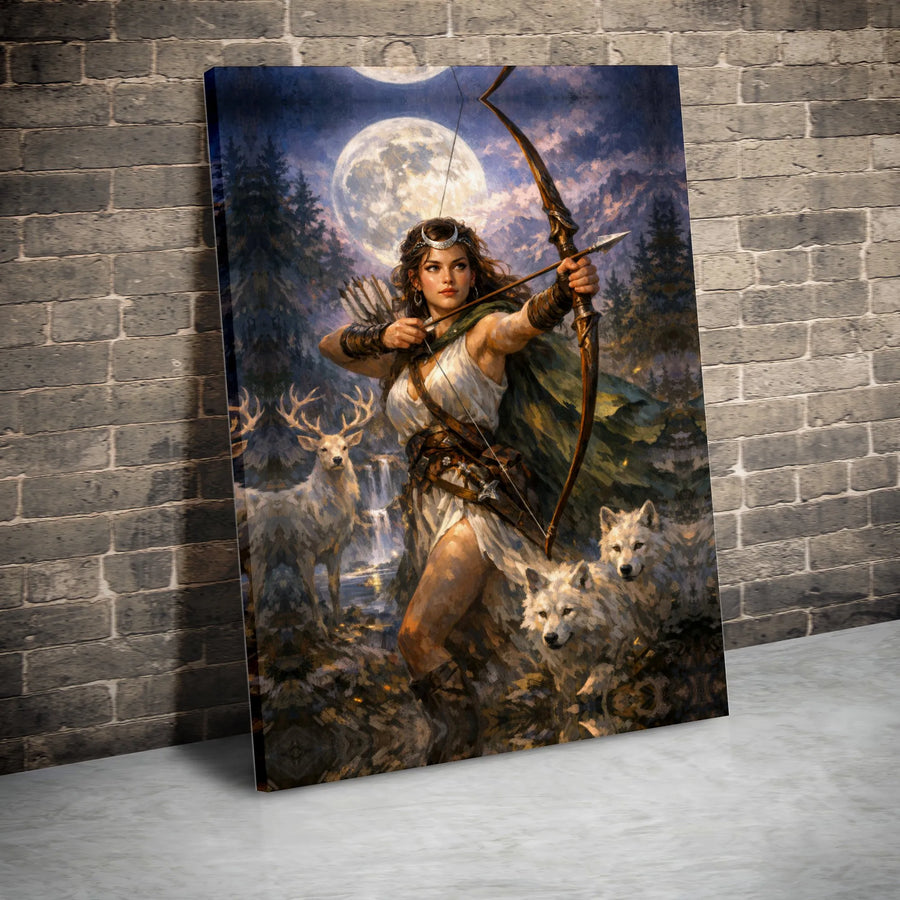 Moon Goddess Canvas Wall Art | Fantasy Huntress Archer with Wolves | Premium Thick Gallery Wrap Canvas | Mythological Home Decor Gift