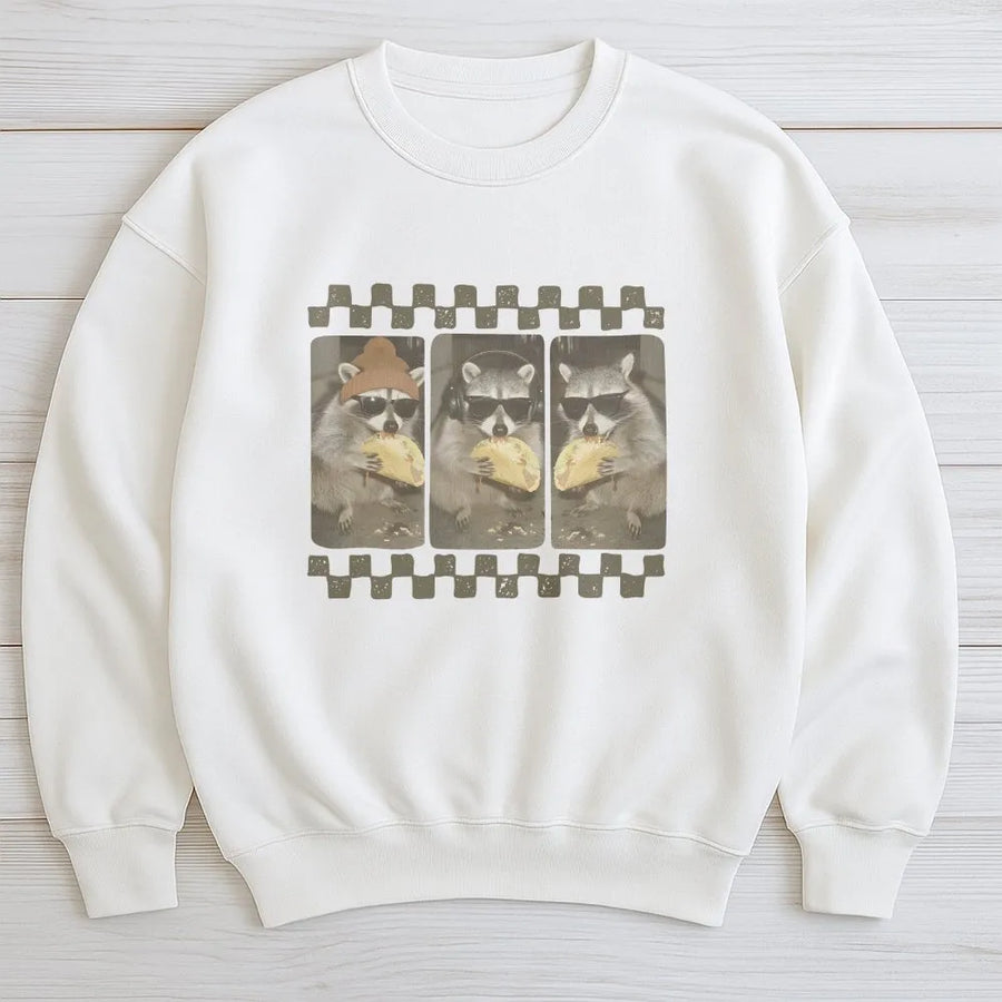 Funny Raccoon Sweatshirt | Taco Eating Trash Panda Retro Checkerboard Graphic | Soft Cotton Blend | Unisex Collector's Gift for Animal Lovers