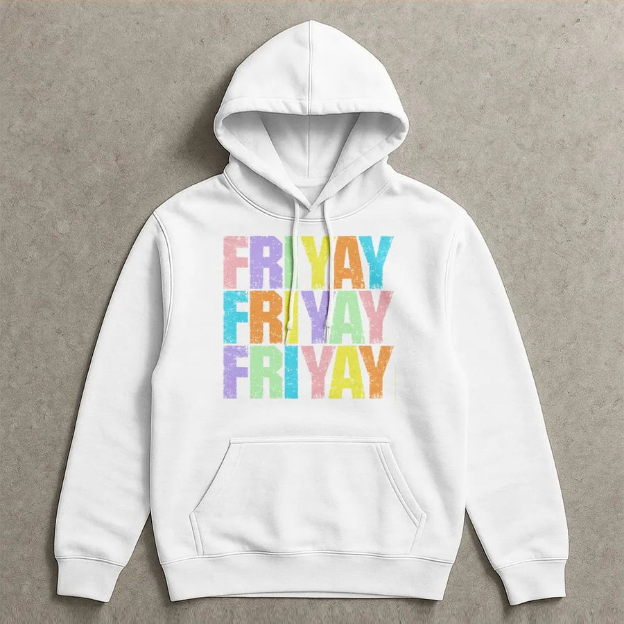 Happy Friyay Hoodie | Retro Colorful Graphic Pullover | Soft Cotton-Polyester Blend | Funny Elementary Teacher Gift