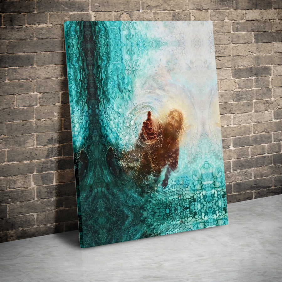 Jesus Reaching Hand Canvas Print | Abstract Water Christian Wall Art | 1.25 Inch Gallery Wrap | Religious Home Decor Gift for Believers