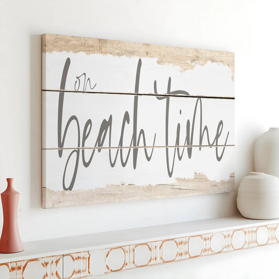 On Beach Time Canvas Wall Art | Rustic Coastal Farmhouse Sign | Premium Gallery Wrapped Canvas | Gift for Beach House or Lake House Decor