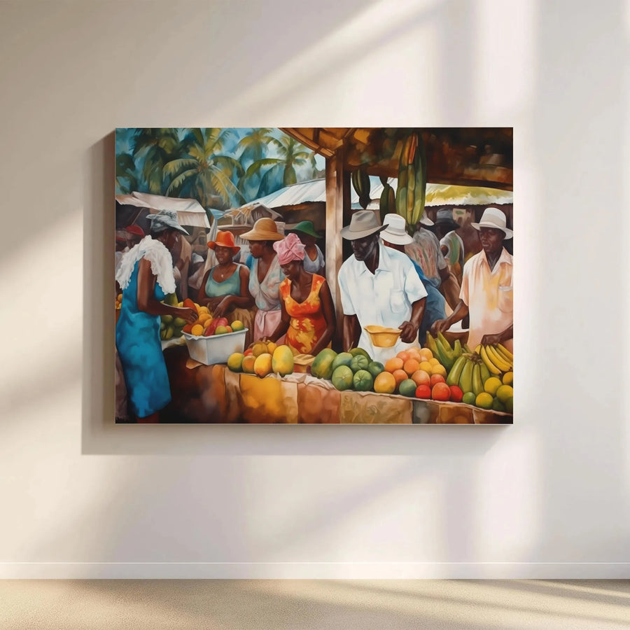 Caribbean Fruit Market Canvas Print | Vibrant Tropical Street Scene Wall Art | 1.25-Inch Gallery Wrap Frame | Premium Home Decor Gift