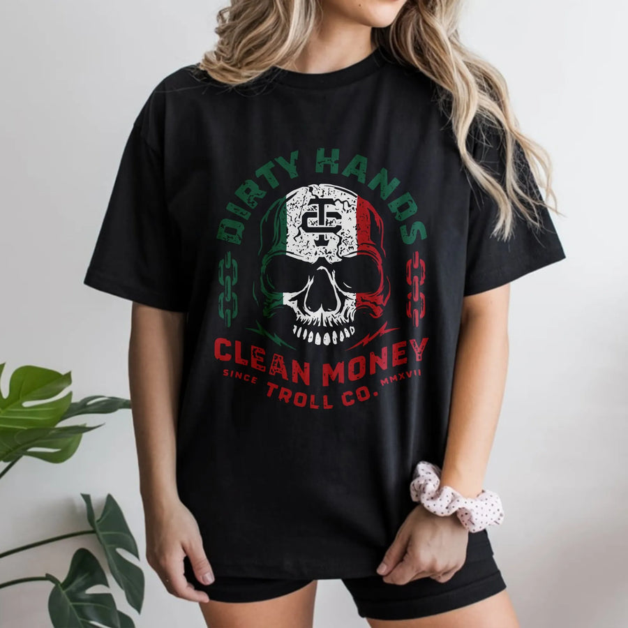 Dirty Hands Clean Money T-Shirt | Distressed Skull Graphic Workwear | Premium 100% Cotton | Gift For Blue Collar Tradesman