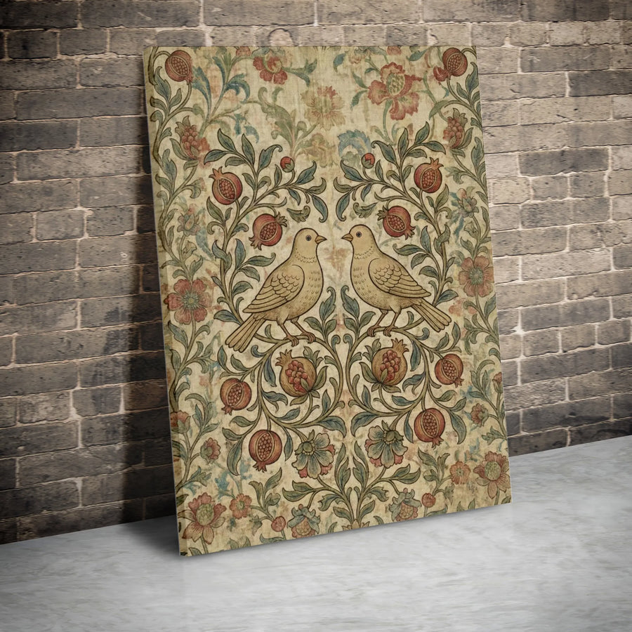 Vintage Bird & Pomegranate Canvas Wall Art | William Morris Style Folk Art Print | Premium Gallery Wrap Canvas | Cottagecore Home Decor Gift