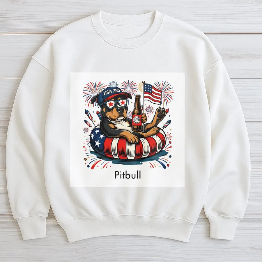 Patriotic Pitbull Sweatshirt | USA 250 American Flag Dog | Soft Cotton Graphic Tee | 4th of July Gift for Dog Lover