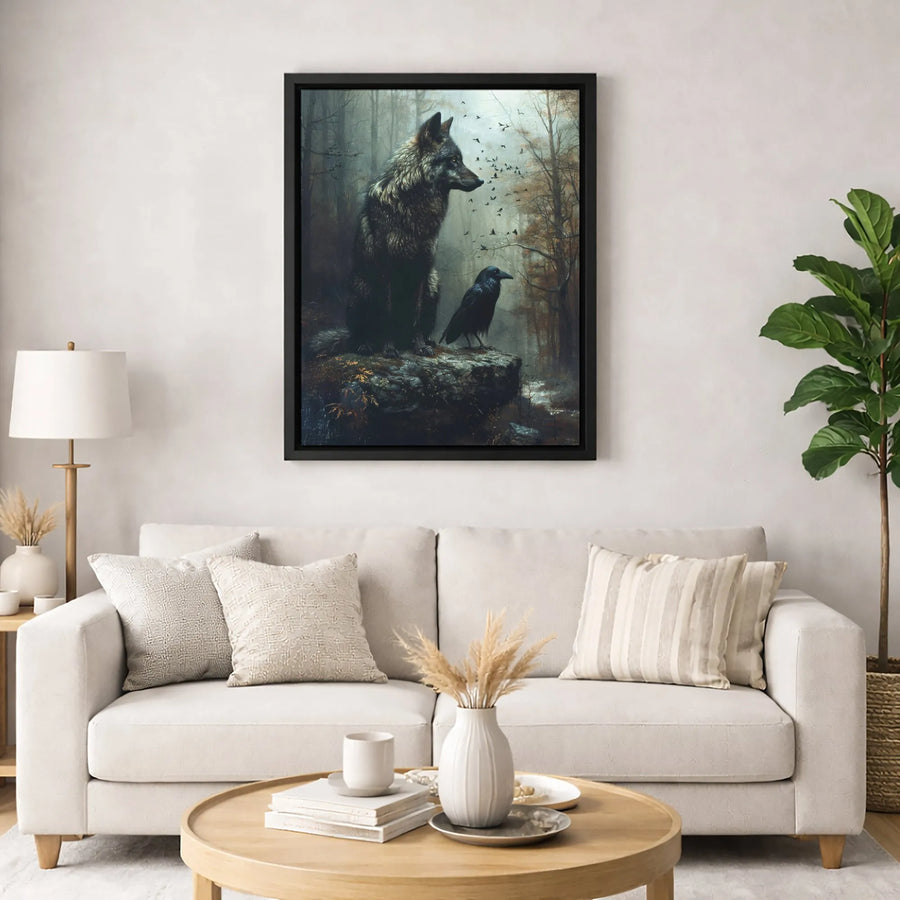 Wolf and Raven Wall Art | Moody Forest Wildlife Canvas Print | Gallery-Wrapped 1.25" Profile | Gothic Nature Home Decor Gift for Animal Lovers