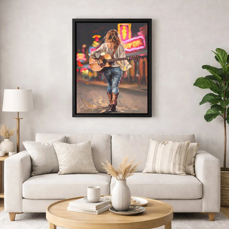 Country Music Wall Art | Cowgirl Guitarist Neon City Canvas | Premium Fade-Resistant Print | Western Home Decor Gift