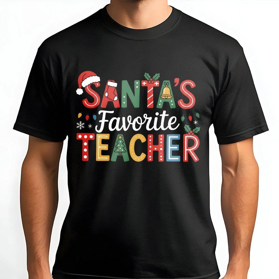 Santa's Favorite Teacher T-Shirt | Festive Christmas Holiday Graphic Tee | Soft Cotton Unisex Apparel | Perfect End of Year Gift for Educators