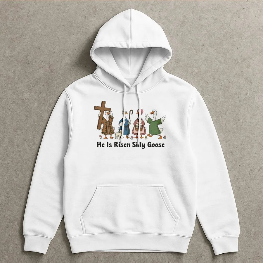 He Is Risen Silly Goose Hoodie | Christian Easter Graphic Sweatshirt | Soft Cotton Blend Apparel | Religious Spring Holiday Gift For Women