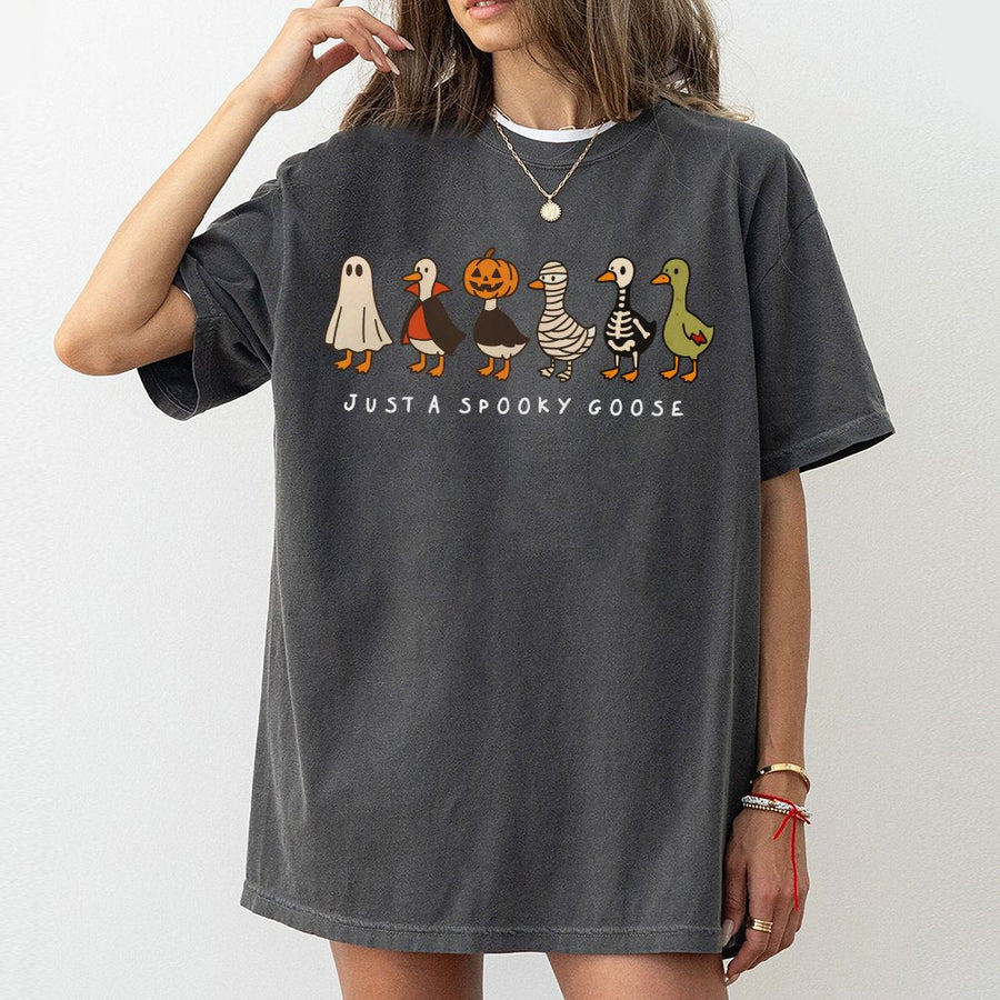 Spooky Goose Halloween T-Shirt | Funny Ghost Skeleton Duck Costume Graphic | 100% Cotton Premium Tee | Cute Fall Festival Gift for Animal Lovers