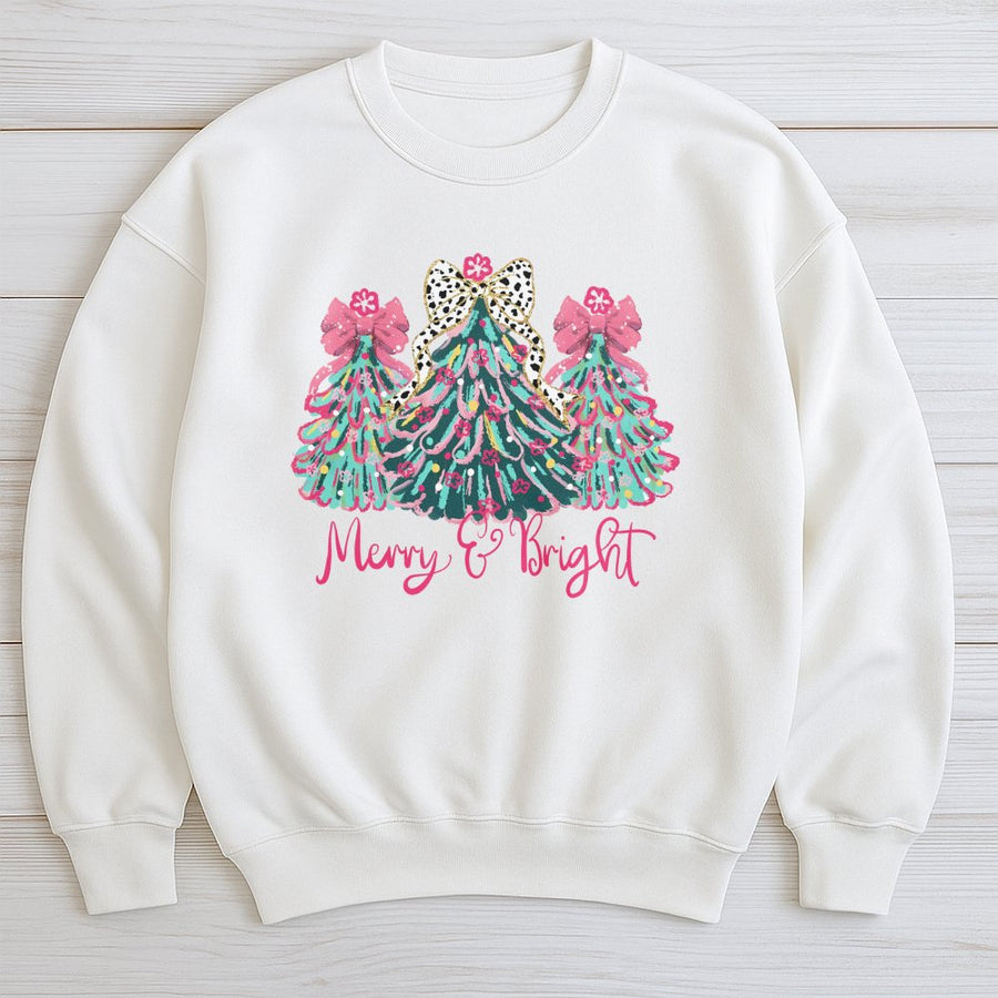 Merry & Bright Christmas Sweatshirt | Colorful Leopard Print Holiday Tree Design | Soft Cotton Blend | Festive Apparel Gift For Her