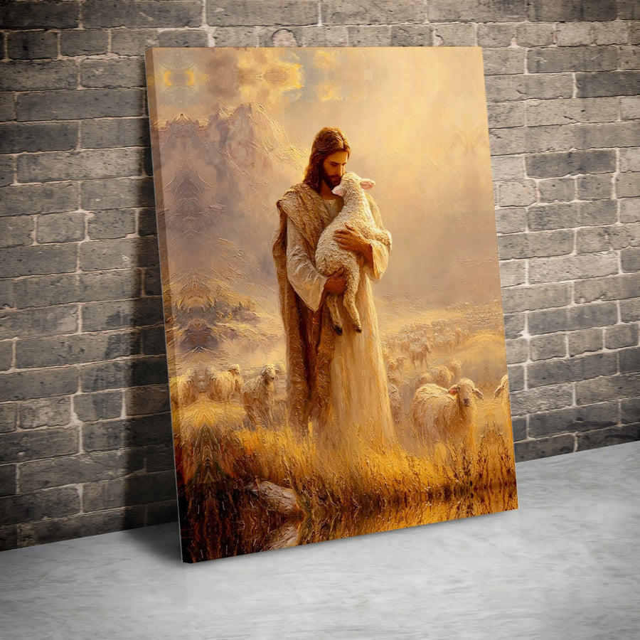 Jesus The Good Shepherd Canvas Wall Art | Jesus Holding Lamb Painting Print | Premium Frameless Gallery Wrap | Christian Home Decor Spiritual Gift