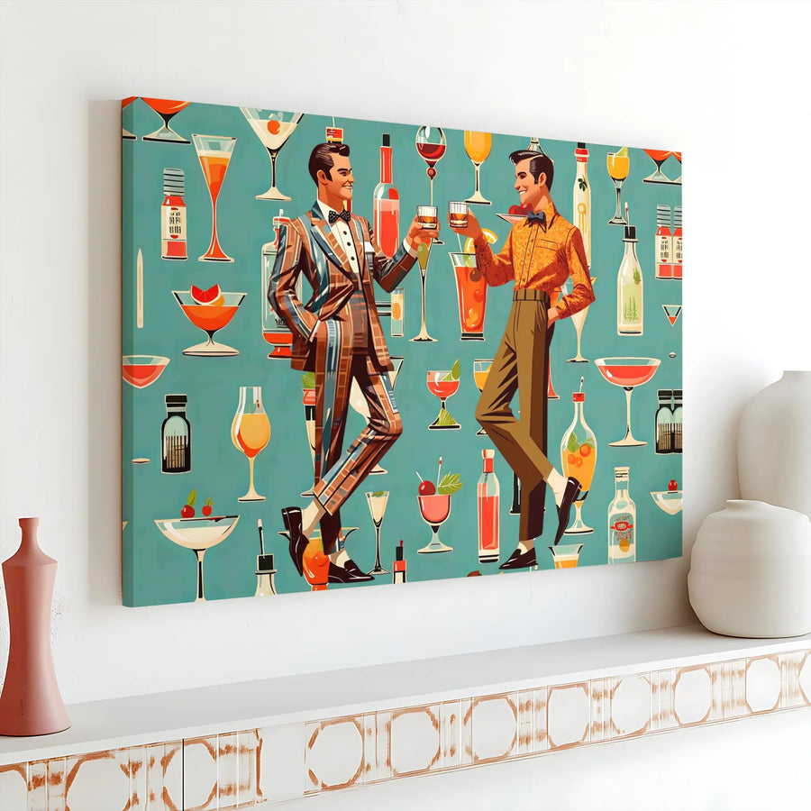 Mid-Century Modern Cocktail Wall Art | Retro Men Toasting Drinks Print | Premium 1.25 Inch Gallery Wrap Canvas | Vintage Bar Decor for Home Office