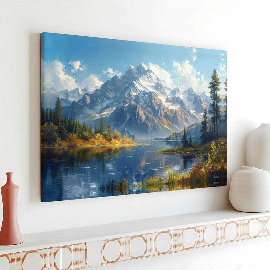 Mountain Lake Canvas Print | Majestic Snowy Peak Landscape Wall Art | Gallery Wrapped Premium Decor | Nature Lover Gift for Office and Living Room