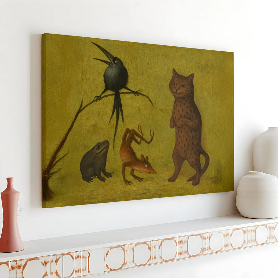 Surreal Medieval Animal Canvas Wall Art | Whimsical Cat Frog Bird Print | Premium 1.25 Inch Gallery Wrap | Unique Gift for Dark Academia Decor Lovers